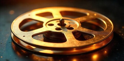 Close-up of a gleaming golden reel, reflecting light beautifully Perfect for luxury, film, fishing, or vintage themes Ideal for textures and backgrounds , movie, macro