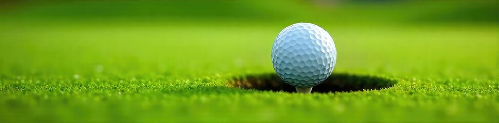Close-up of a golf ball nestled in the cup on a lush green putting surface, signifying a successful putt and a saved round , outdoor, competition, game