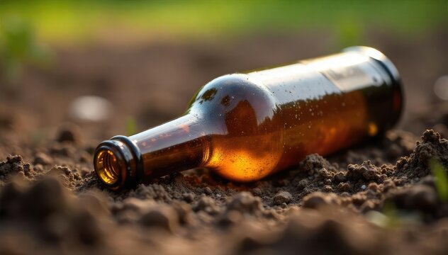 Close-up of a discarded beer bottle, lying on its side, partially buried in dirt; suggesting the consequences of alcoholism and addiction , grunge, dirt