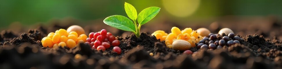 Close-up of diverse seeds nestled in rich, dark soil, ready for planting Sunlight illuminates the scene, highlighting the potential for growth and new life , macro, texture