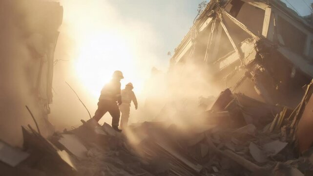 Dedicated firefighters climb a mountain of debris, searching for survivors amidst the dust and destruction left by a devastating earthquake