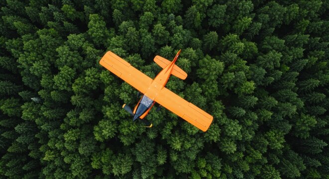 Orange single-engine airplane flying low over a dense evergreen forest.