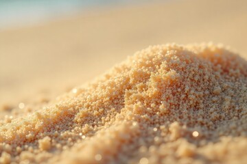 Close-up shot of fine, light-colored sand, shimmering and textured, evoking a sense of lightness and playfulness, reminiscent of laughter , sand, beach, whimsical