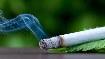 Lit cigarette with smoke drifting in front of a blurred green background