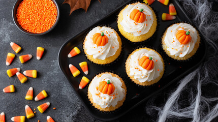 Delightful pumpkin-themed cupcakes decorated with frosting and candy in a festive autumn setting