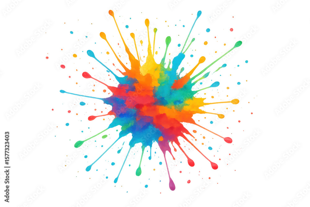 Poster rainbow colored paint splattering on transparent background, creating a vibrant and dynamic visual e