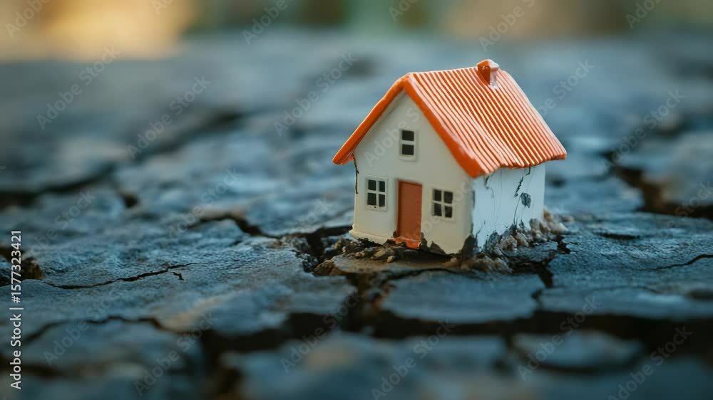 Poster ground fissures dramatically widening, swallowing small house model, graphically representing devast