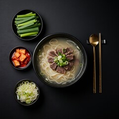 seolleongtang 설렁탕  (ox bone soup) ingredients—beef, green onions, and noodles—arranged around a black bowl of milky broth, against a black background