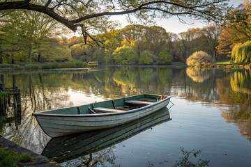 Obraz premium Weathered wooden boat on tranquil lake shore with lush forest background. Cloudy sky reflecting in calm water
