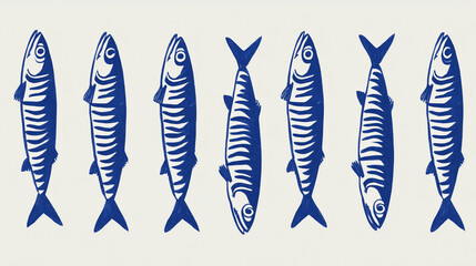 Artistic depiction of blue striped sardines fish arranged in a row against a light background, showcasing a nautical theme. Coastal poster.