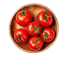 A topdown view of a wooden bowl filled with vibrant red tomatoes isolated on transparent background, highlighting their freshness and organic quality