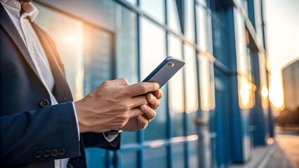 Close up of a businessman in a suit using a smartphone outdoors with modern building background