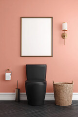 Modern bathroom design featuring a sleek black toilet against a peach wall. Vertical blank frame for wall art mockup.