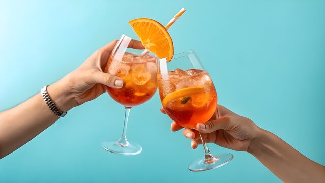 Two hands clinking glasses of refreshing aperol spritz cocktails with orange slices and straws