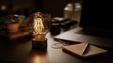 Fototapeta premium Vintage light bulb glowing on a desk with a laptop and stationery, an idea concept