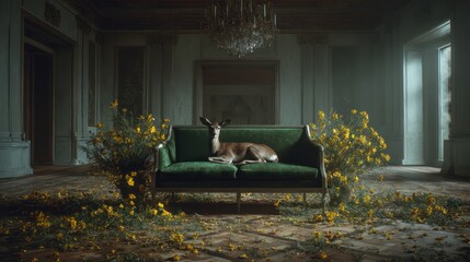 Deer rests on a plush couch in a grand, empty room