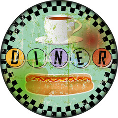 retro american diner sign with hot dog, fast food vintage sign concept, worn and weathered, vector eps