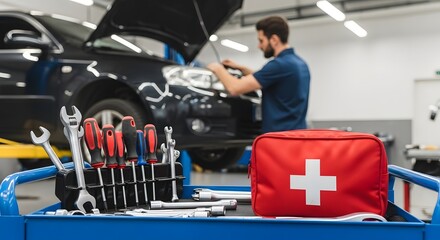 Auto repair shop with tools, car, and mechanic working on vehicle maintenance and safety in a clean workshop environment.