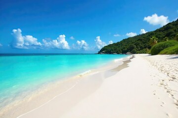 Fototapeta premium Serene secluded beach; pristine white sand meets turquoise water under a vibrant blue sky Perfect for escape and tranquility Enjoy the untouched beauty , travel, sun, beach scene
