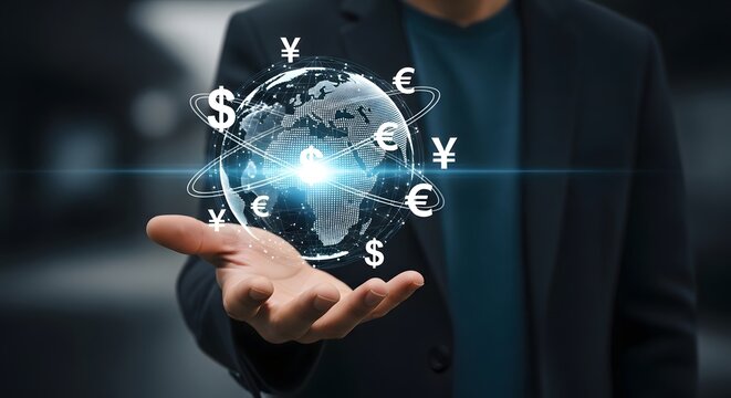 Person holding digital globe with currency symbols, showcasing global business, finance, and international trade connections with a futuristic look