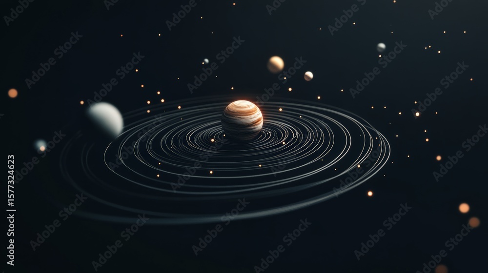 Poster gaseous giant planet surrounded by orbiting planets and satellites, existing within a vast cosmic sy