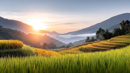 Golden Terrace Fields at Dawn: The vibrant sun rises over a serene, terraced rice field, casting golden hues across the landscape, creating a peaceful dawn vista.