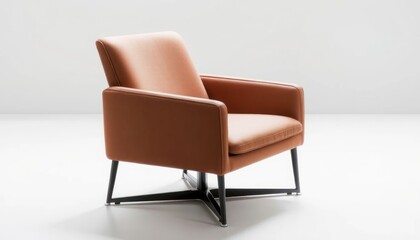 Fototapeta premium Modern Brown Leather Armchair on a White Background in Studio Lighting