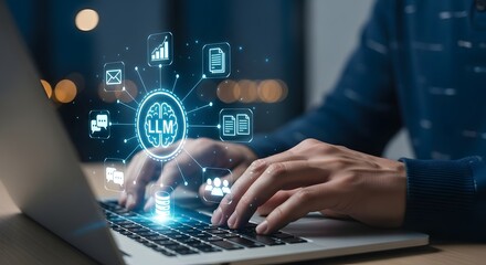 Person using laptop for large language model application, showing business data and communication, indicating technology and business