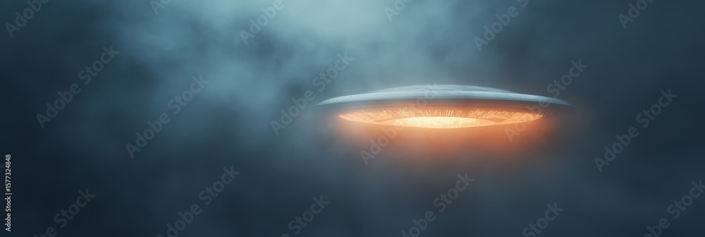 Poster glowing unidentified flying object hovering in a foggy, dark blue atmosphere, creating an enigmatic 