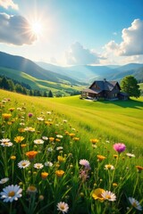 Sun-drenched meadow, wildflowers blooming, rustic ranch house nestled in the distance Rolling hills create a picturesque landscape perfect for relaxation and nature appreciation , open, agriculture