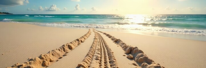 Sun-drenched sand, tire tracks leading to a tranquil ocean, seashells scattered nearby Perfect for summer travel, vacation, and coastal themes , seashells, tranquil