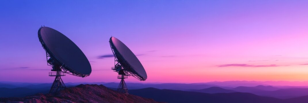 Two large satellite dishes stand on a mountaintop. Scanning the universe for signals against a vibrant sunset backdrop. Hinting at the search for extraterrestrial life and the mysteries of deep space