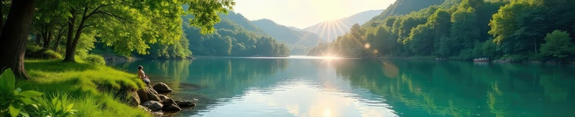 Tranquil summer scene at a pristine lake, sunlight sparkling on the water, surrounded by lush greenery and calm atmosphere Perfect for relaxation and nature themes , relaxation, clouds