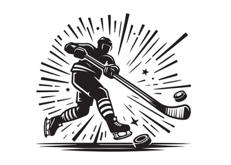 Obraz premium hockey stick logo silhouette and puck vector, hockey stick logo icon silhouette, ice hockey player silhouette vector illustration, hockey stick and puck logo silhouettes vector on a white background