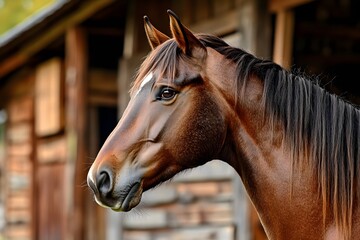 Fototapeta premium Close-Up Portrait of Majestic Brown Horse with Beautiful Mane in Natural Setting