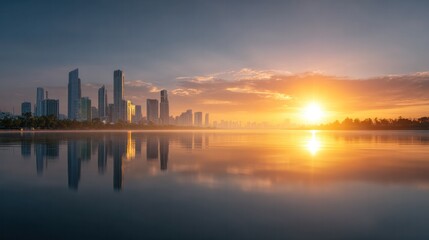Fototapeta premium City Skyline Sunrise: A breathtaking sunrise paints the sky with vibrant hues as the city skyline reflects majestically on a calm lake, creating a picturesque urban landscape.