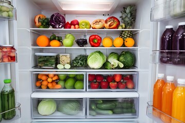 Bright fridge with tidy fruits, veg, drinks in sleek modern kitchen cool box.