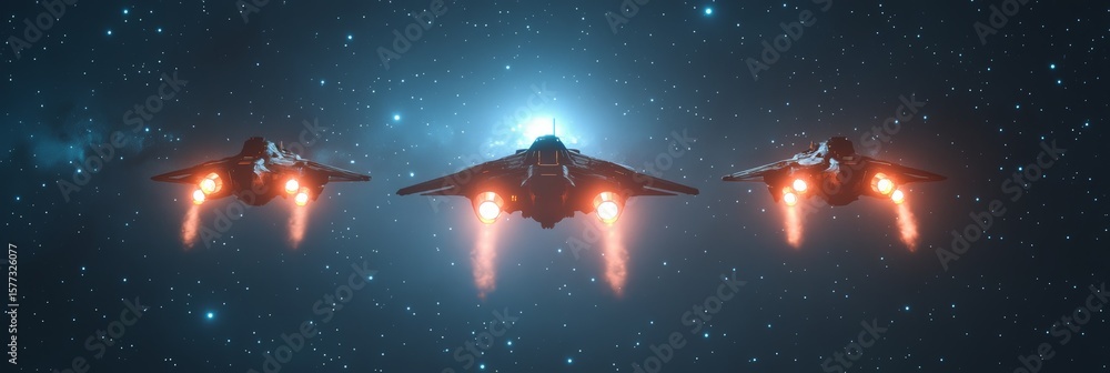 Poster three futuristic spaceships are navigating through the vast expanse of deep space, their engines glo