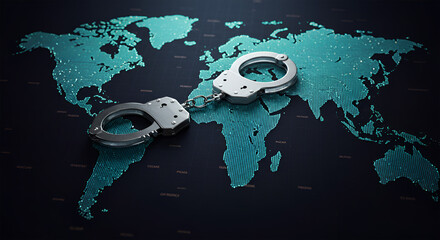 Handcuffs placed over a digital world map, symbolizing global crime and justice.