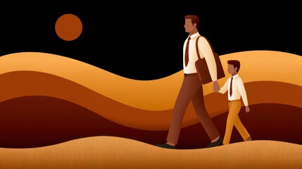 Father and son walking hand in hand across stylized rolling desert dunes under a circular moon