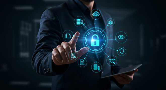 A man in a suit interacts with a digital interface displaying a padlock surrounded by security icons.