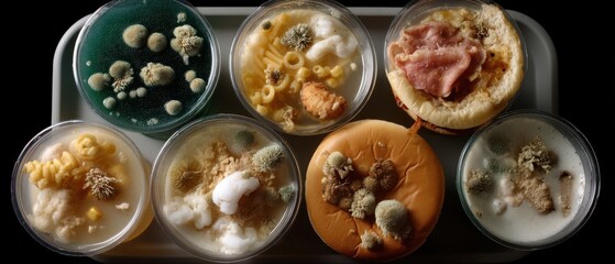 Variety of spoiled foods with mold and decay in transparent containers