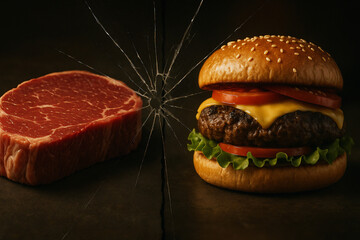 Juicy raw steak and a gourmet cheeseburger with lettuce and tomato, separated by a cracked glass effect, on a dark background.