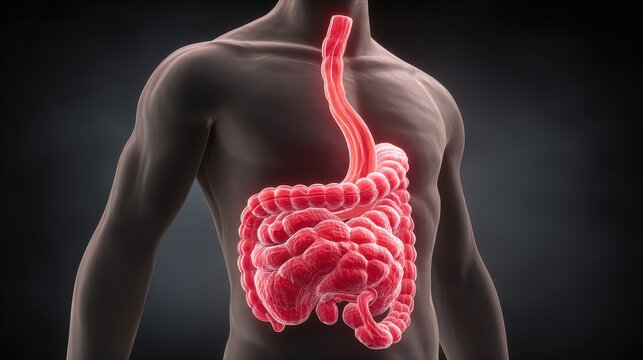 A detailed anatomical representation of the human digestive system showcasing the stomach and intestines, highlighting their complexities and functions within the body.