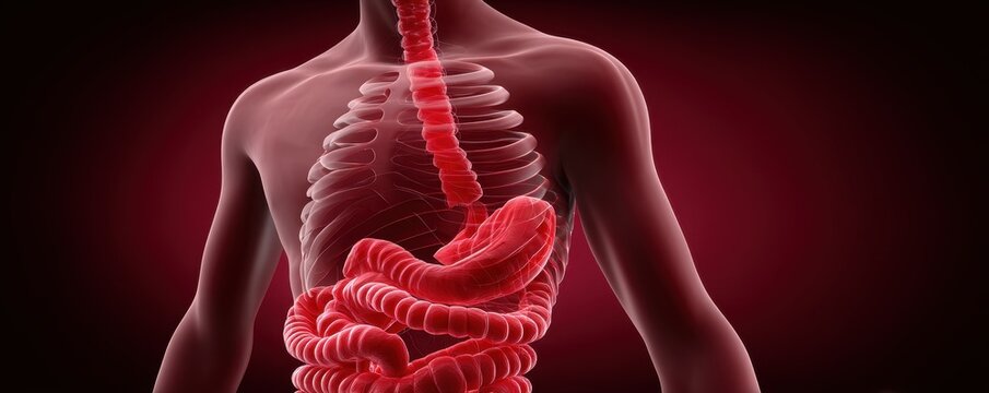 A detailed illustration of the human digestive system, showcasing the intricate network of organs including the stomach and intestines, highlighting biological functions and anatom