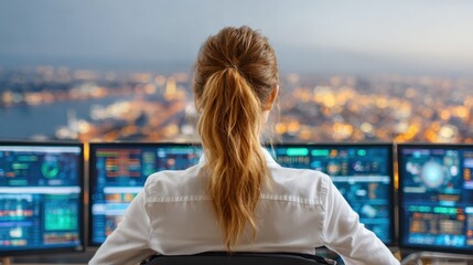 City Lights Surveillance: A woman with a ponytail sits before a bank of computer monitors, displaying complex data streams, overlooking a stunning cityscape at night.