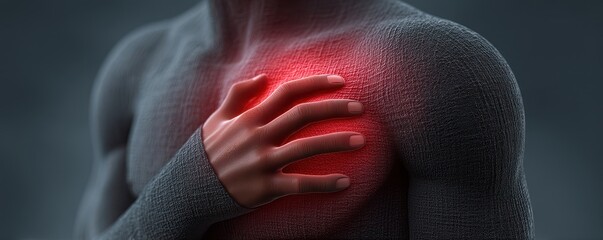 Concept image of a person experiencing chest pain, symbolizing health issues or heart conditions. The silhouette and glowing effect emphasize the seriousness of the situation.
