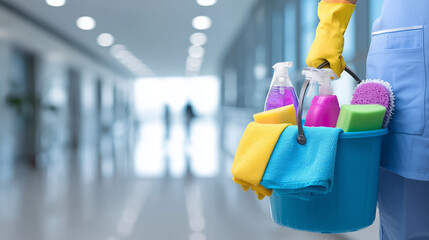 Naklejka premium Cleaning service staff holding bucket with cleaning supplies in modern hallway showing hygiene and sanitation tools