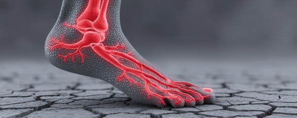 Detailed anatomical illustration showcasing the vascular system of a human foot, highlighting blood vessels and circulation, emphasizing health and medical education.