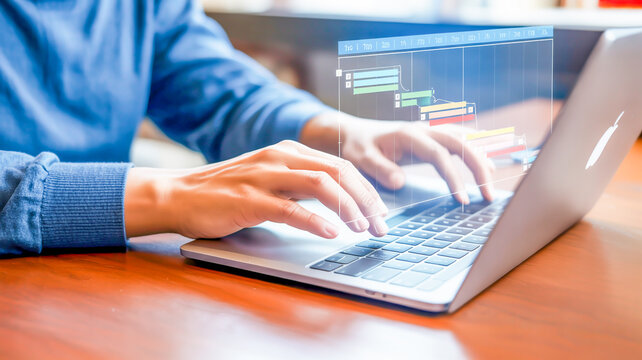Person typing on silver laptop with holographic Gantt chart